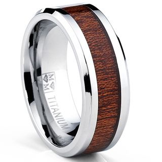 Oliveti Mens Titanium Real Wood Inlay Flat Top Band Comfort fit Ring