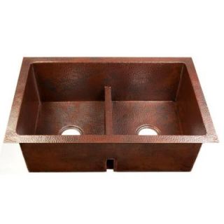SINKOLOGY Degas Low Divide Undermount Handmade Pure Solid Copper 42 in. 0 Hole Double Bowl 50/50 Kitchen Sink in Aged Copper HDDB42