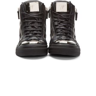 Giuseppe Zanotti Black Leather Metal Plated High Top Sneakers
