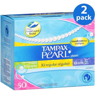 Tampax Pearl Plastic Moderate Flow Multipax [10 Super, 30 Regular, 10 Lites] Unscented Tampons 50 ct (Pack of 2)