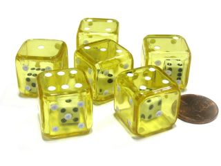 Set of 6 D6 19mm Double Dice, 2 In 1 Dice   White Inside Translucent Yellow Die