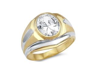 New Solid 14k Yellow and White Gold Large Mens CZ Cubic Zirconia Ring