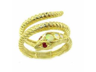 Fabulous Solid 14K Yellow Gold Natural Fiery Opal & Ruby Detailed Snake Ring   Size 6.5   Finger Sizes 5 to 12 Available