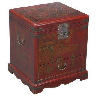 Hand painted Red Bonded Leather End Table Storage Chest