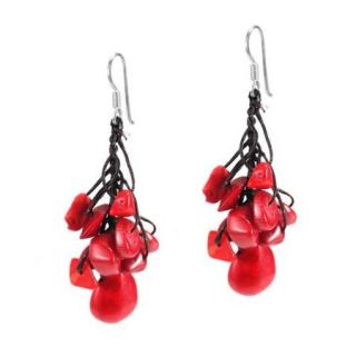 Silver and Cotton Rope Red Coral Teardrop Dangle Earrings (Thailand)