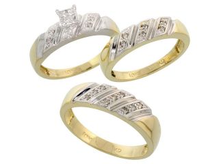 10k Yellow Gold Trio Engagement Wedding Rings Set for Him and Her 3 piece 6 mm & 5 mm wide 0.15 cttw Brilliant Cut, ladies sizes 5 – 10, mens sizes 8   14
