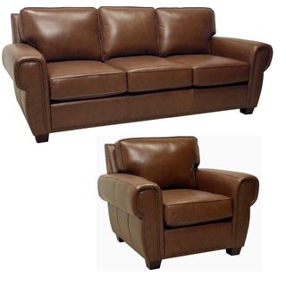 Megan Brown Italian Leather Sofa and Leather Chair
