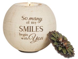 Light Your Way   "So many of my Smiles begin with You" Round Tealight Candle Holder with Floral Lid 4"