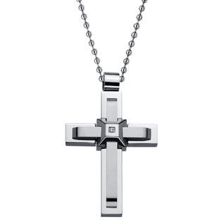 Layered Cross Pendant in High Polished Stainless Steel with CZ