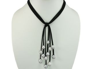 Black Triple Strand Cascading Dyed Gray 9 10mm Cultured Pearls Suede Necklace
