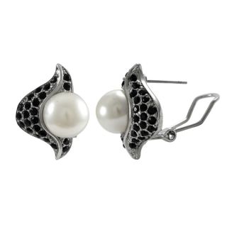 Rhodium Finish Faux Pearl and Black Crystals Earrings
