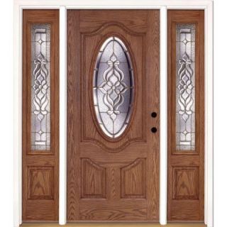 Feather River Doors 63.5 in. x 81.625 in. Lakewood Brass 3/4 Oval Lite Stained Medium Oak Fiberglass Prehung Front Door with Sidelites 721491 3A3