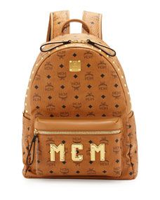 MCM Mens Studded Logo Backpack, Cognac