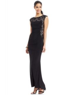 Richards Cap Sleeve Contrast Lace Panel Gown
