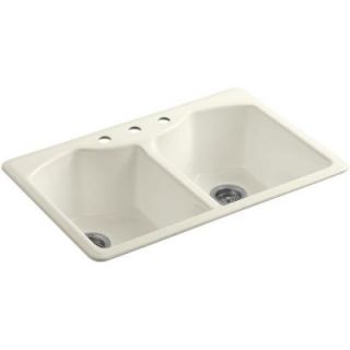 KOHLER Bellegrove Top Mount Cast Iron 33 in. 3 Hole Double Bowl Kitchen Sink with Accessories in Biscuit K 6482 3A4 96