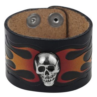 Vance Mens Leather Flame Skull Bracelet