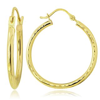 Mondevio 14K Gold 2mm Round Diamond Cut Hoop Earrings, 25mm