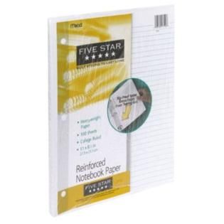 Mead Five Star Reinforced Notebook Paper, College Ruled, 100 sheets
