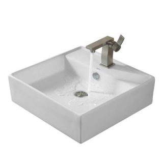 KRAUS Square Ceramic Vessel Sink in White with Sonus Basin Faucet in Brushed Nickel C KCV 150 14601BN