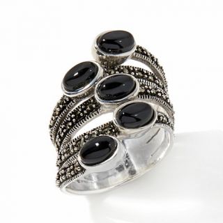 Gray Marcasite and Black Agate Sterling Silver Bypass Ring   7840160