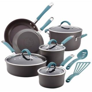 Rachael Ray Cucina Hard Anodized Nonstick 12 Piece Cookware Set in Gray with Agave Blue Handles 87641