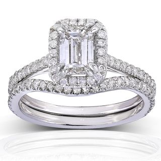 Annello 14k White Gold 1 1/2ct TDW Emerald cut Halo Diamond Bridal