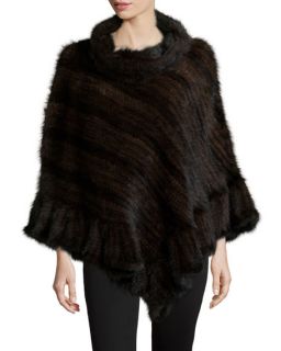 La Fiorentina Knit Mink Fur Poncho w/Roll Collar, Brown