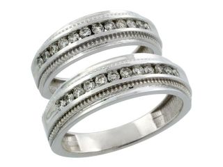 10k White Gold 2 Piece His (7mm) & Hers (6mm) Milgrain Design Diamond Wedding Ring Band Set w/ 0.62 Carat Brilliant Cut Diamonds; (Ladies Size 5 to10; Men's Size 8 to 12.5)