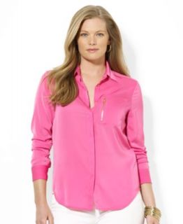 Lauren Ralph Lauren Plus Size Three Quarter Sleeve Pinstriped Shirt