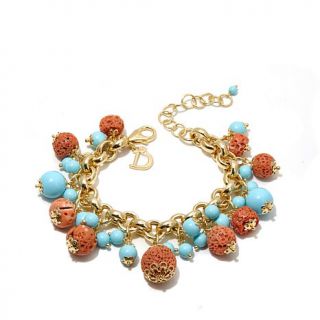Dea Coral and Simulated Turquoise Bead Dangle Gold Plated Sterling Silver Brace   7871995