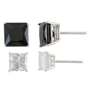Sterling Silver 2 Pair Cubic Zirconia Black and White Square Stud