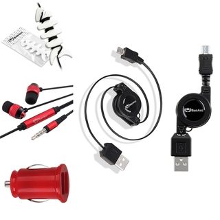 BasAcc Red USB Charger/ Retractable Micro USB Cable/ Headset/ Wrap