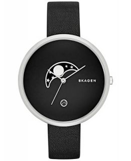 Skagen Womens Moon Phase Gitte Black Leather Strap Watch 38mm SKW2372