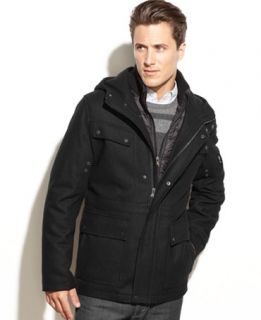 Calvin Klein Coat, Hooded Wool Blend Coat with Quilted Bib   Coats