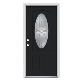 ReliaBilt Laurel 2 Panel Insulating Core Oval Lite Right Hand Inswing Peppercorn Steel Painted Prehung Entry Door (Common 36 in x 80 in; Actual 37.5 in x 81.75 in)
