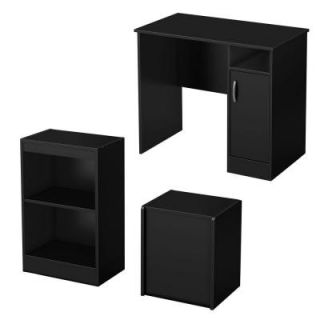 South Shore Furniture Freeport Desk, Storage Bench and Bookcase Set in Pure Black 7270700