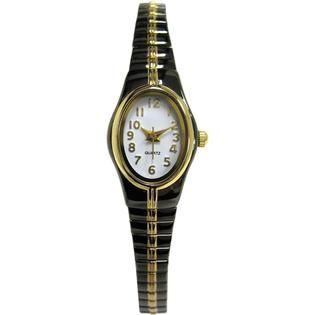 Ladies Watch w/Goldtone Oval Case, White Dial and Two Tone Expansion