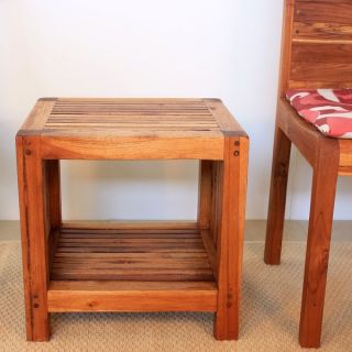 Handmade Teak Slat 18 x 16 x 18 Oak Oil Finished End Table with Shelf