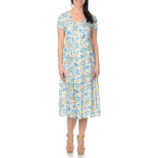 La Cera Womens White/Blue Floral Printed Button Down Dress