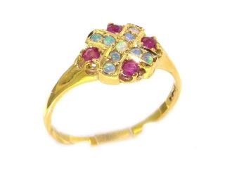 18K Yellow Gold Womens Victorian Style Opal & Ruby Cluster Ring   Size 8.5   Finger Sizes 5 to 12 Available