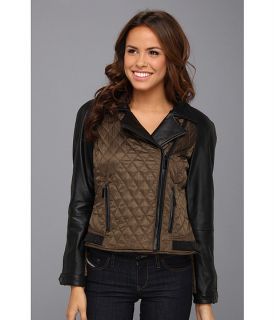 Vince Camuto Quilted Leather and Fabric Moto Jacket Olive/Black