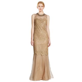 Teri Jon Gold Metallic Lace Jeweled Illusion Evening Dress  
