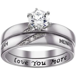 Personalized Sterling Silver Engraved 2 Piece Round CZ and Diamond Wedding Ring Set