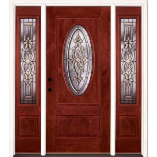Feather River Doors 67.5 in. x 81.625 in. Silverdale Patina 3/4 Oval Lite Stained Cherry Mahogany Fiberglass Prehung Front Door w/ Sidelites 713591 3B3