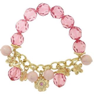 1928 Goldtone Pink Beaded Flower Charm Stretch Bracelet   16555892