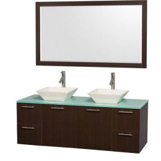 Wyndham Collection Amare 60 in. Double Vanity in Espresso with Glass Vanity Top in Aqua and Porcelain Sink WCR410060ESGRD28BNM1DB