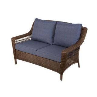 Hampton Bay Spring Haven Brown All Weather Wicker Patio Loveseat with Sky Blue Cushions 66 20303