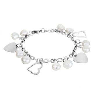 Stainless Steel Freshwater Pearl and Heart Charm Bracelet (9 10 mm)