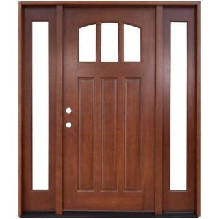 Steves & Sons 68 in. x 80 in. Craftsman 3 Lite Arch Stained Mahogany Wood Prehung Front Door with Sidelites M4151 6011 14 4RH
