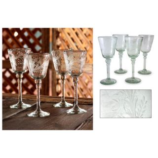 Set of 4 Etched Crystal Flowers Wine Glasses (Mexico)  